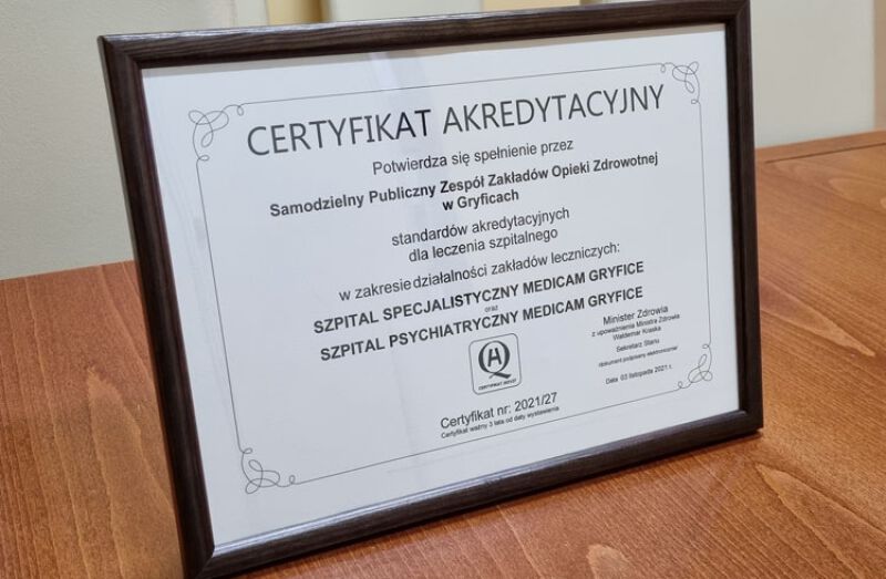 Certyfikat Akredytacyjny dla Szpitala w Gryficach